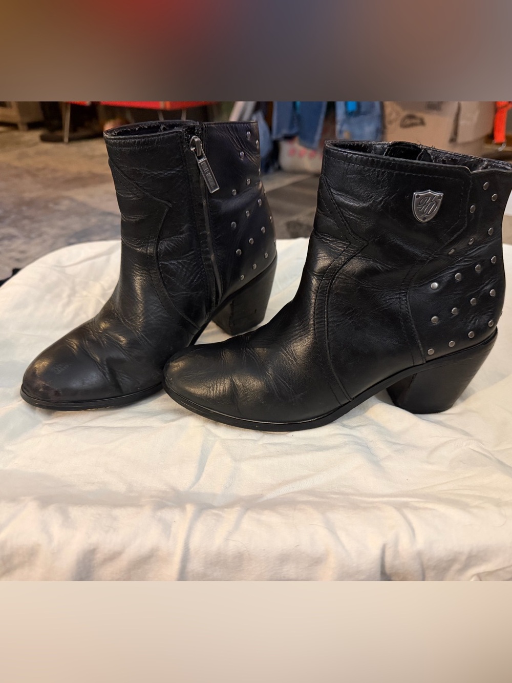 Studded HD Black Leather Ankle Boots - Women's